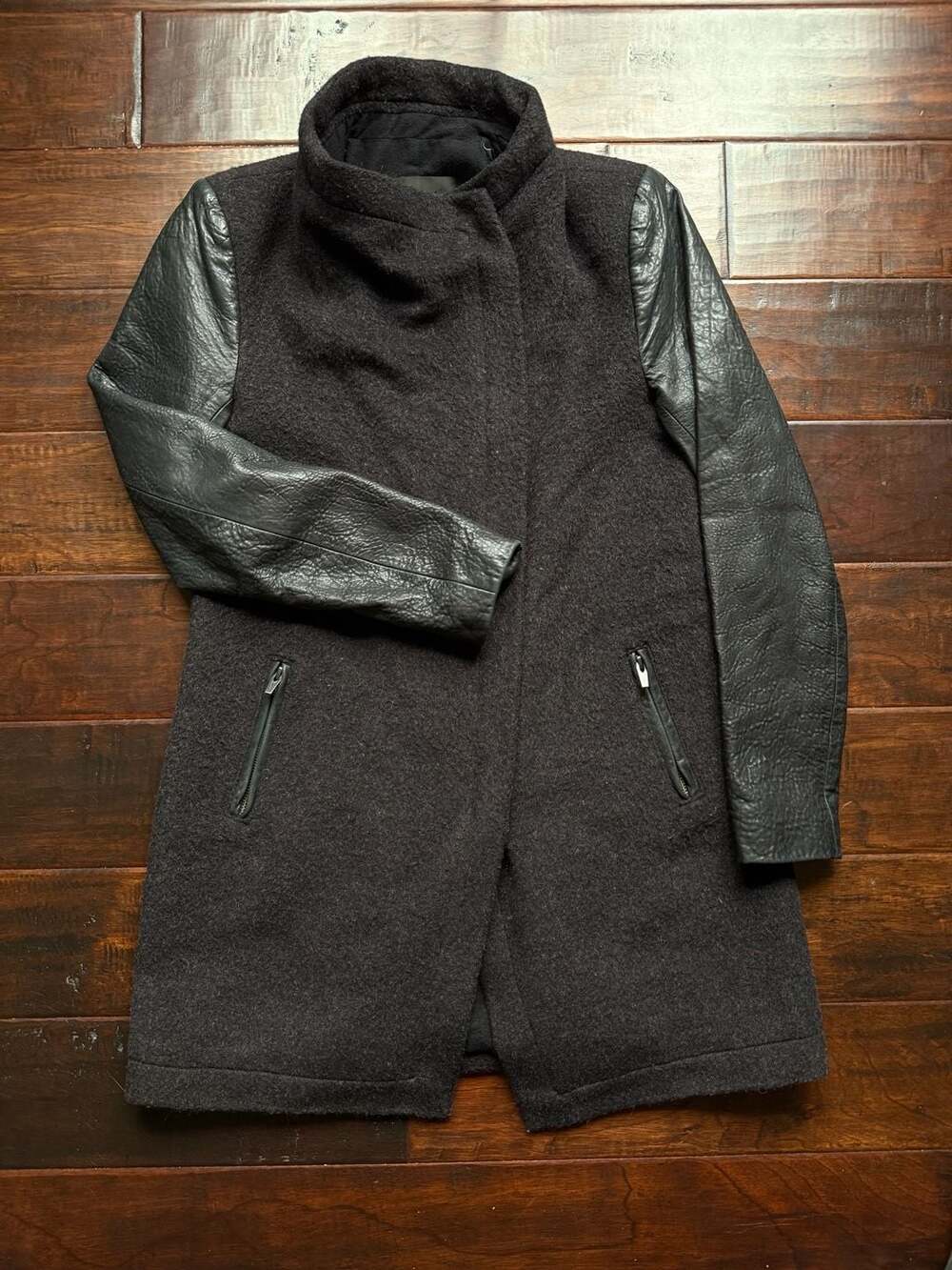 Veda ‘Gold’ Black Lamb Leather Sleeve  Wool Blend Coat Woman’s Size Small